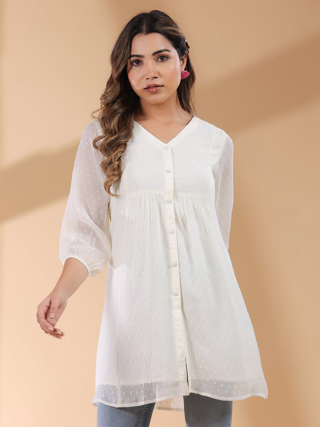 Janasya Light Dobby Chiffon Self Design A-Line Tunic | Swadesiicart