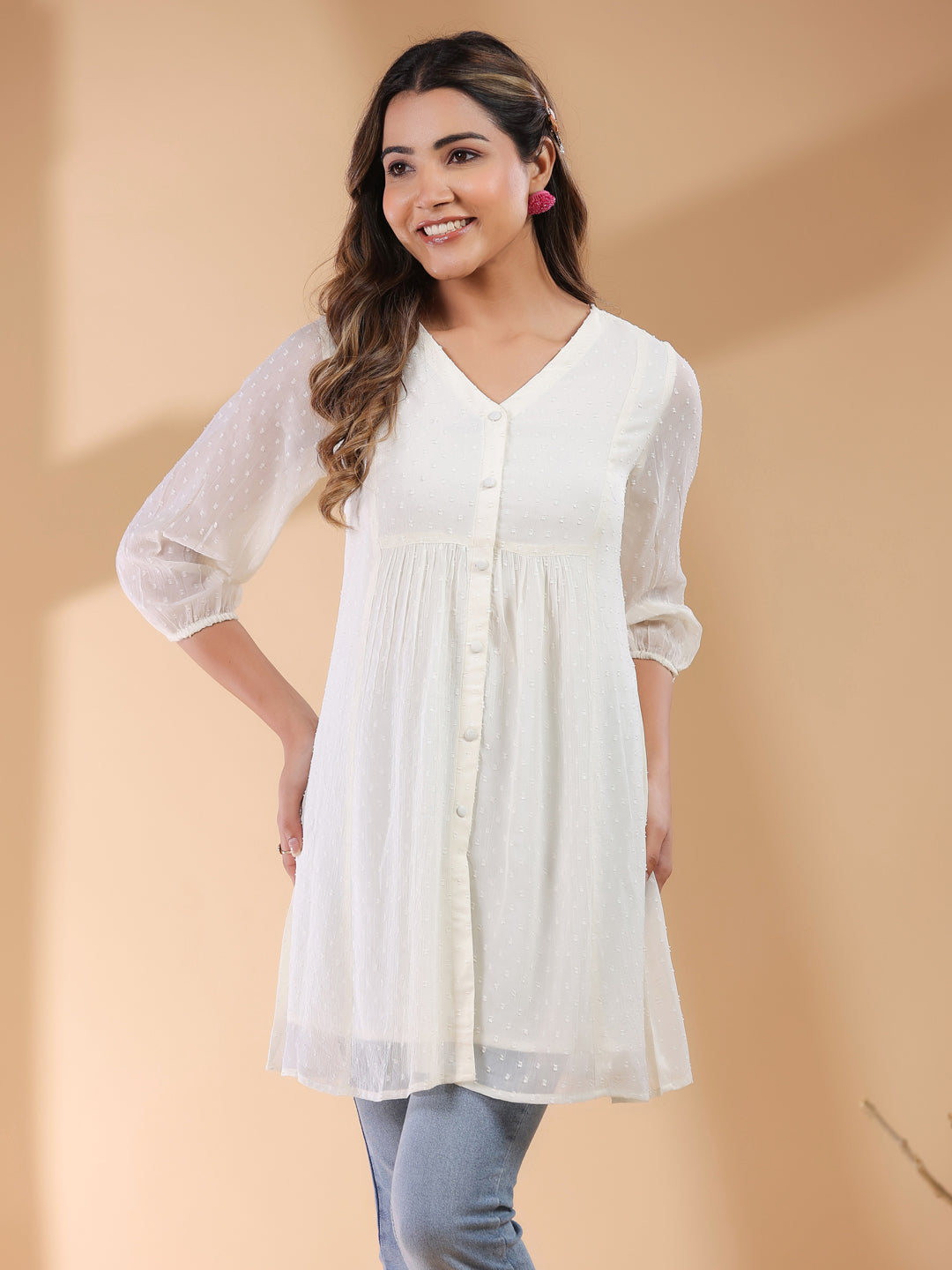 Janasya Light Dobby Chiffon Self Design A-Line Tunic | Swadesiicart