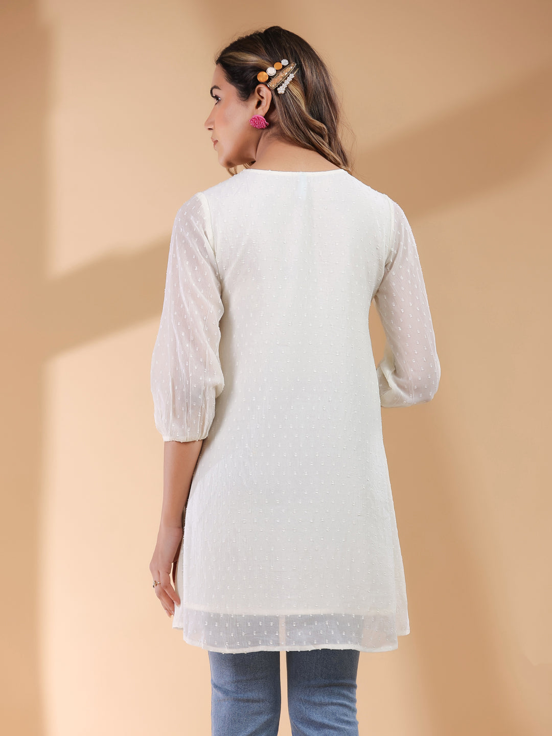 Janasya Light Dobby Chiffon Self Design A-Line Tunic | Swadesiicart