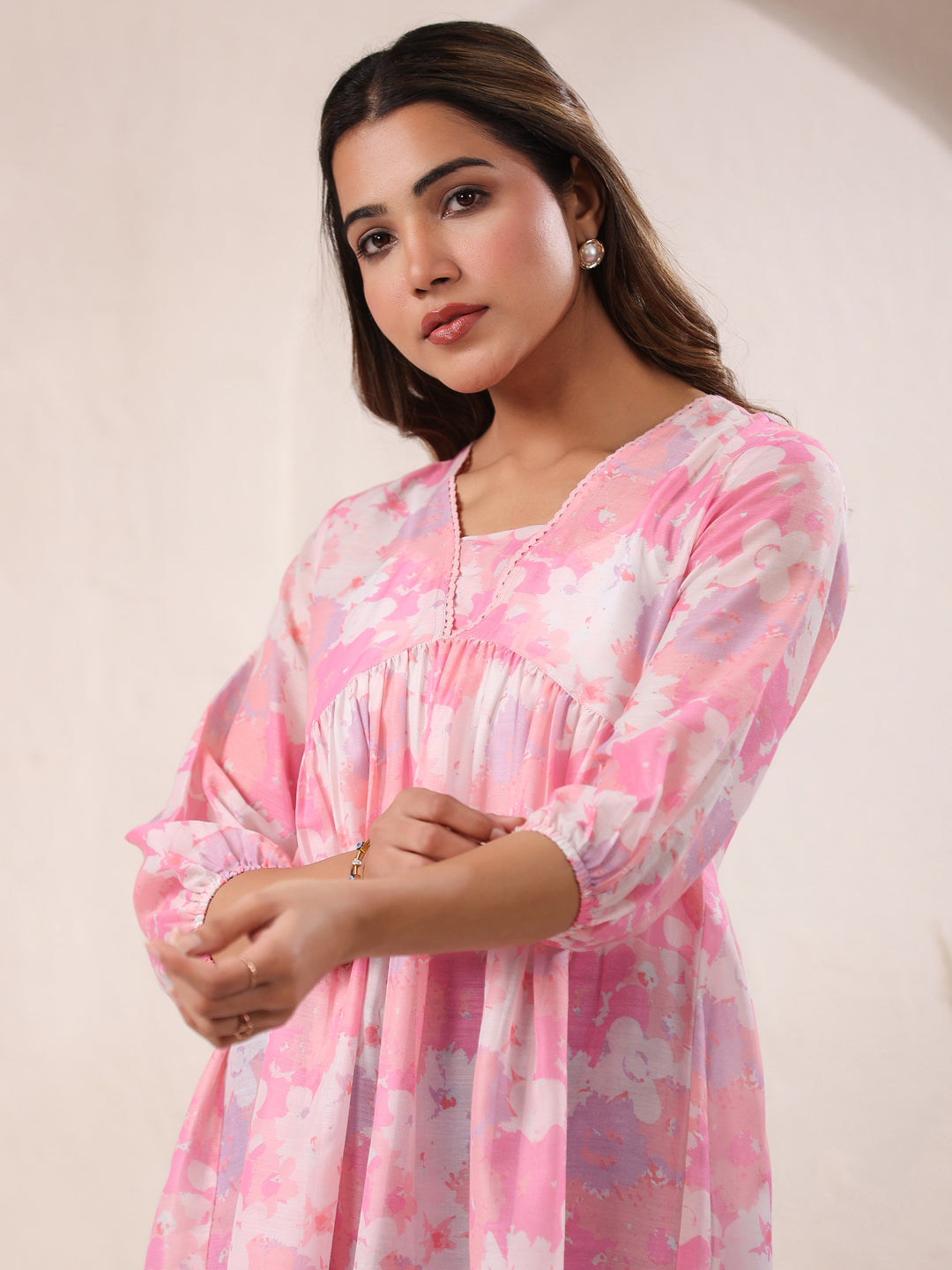 Janasya Dark Silk Blend Floral A-Line Tunic | Swadesiicart