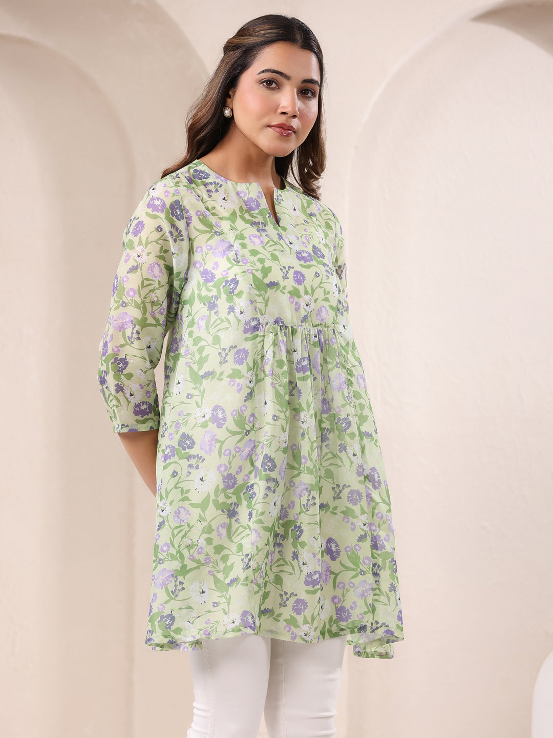Janasya Light Silk Blend Floral A-Line Tunic | Swadesiicart