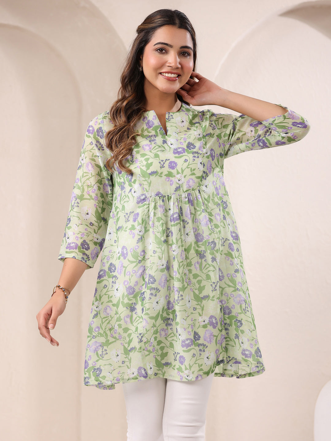 Janasya Light Silk Blend Floral A-Line Tunic | Swadesiicart