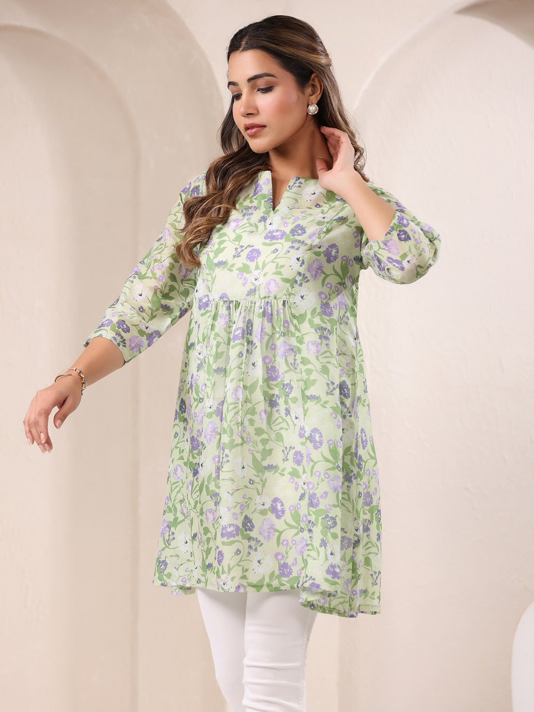 Janasya Light Silk Blend Floral A-Line Tunic | Swadesiicart