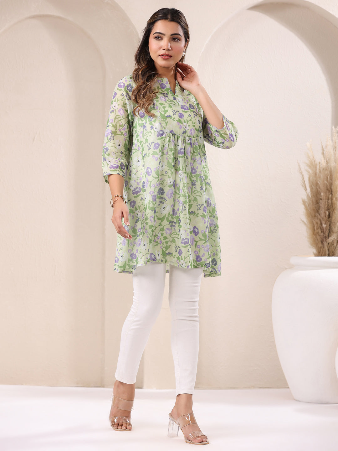Janasya Light Silk Blend Floral A-Line Tunic | Swadesiicart