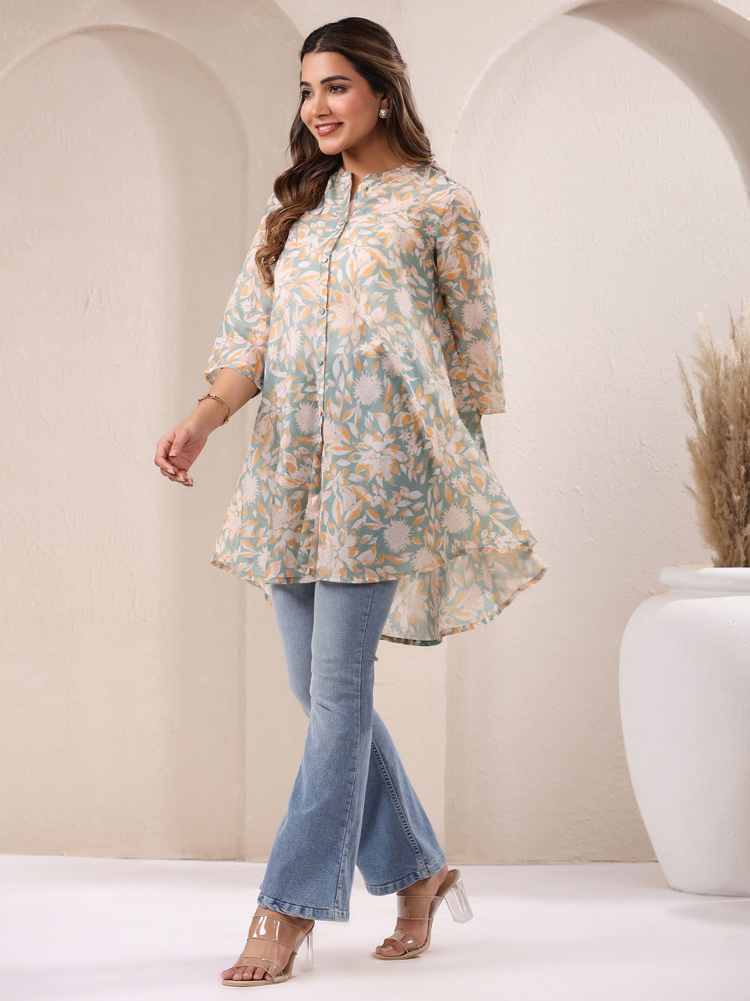 Janasya Light Silk Blend Floral A-Line Tunic | Swadesiicart