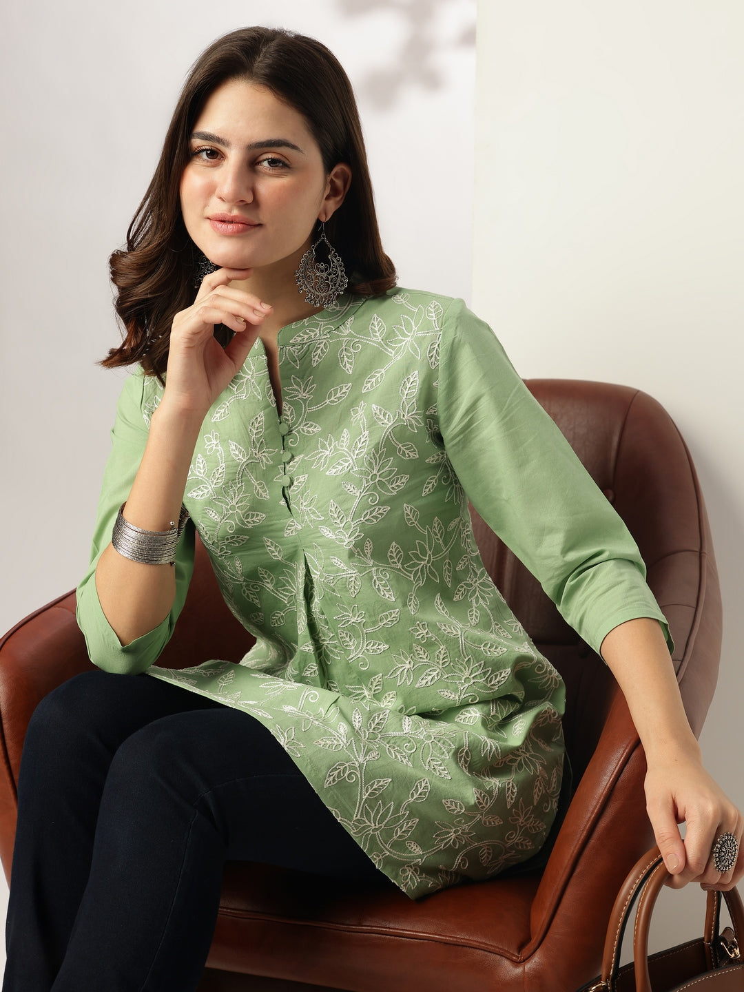 Janasya Light Cotton Embroidered A-Line Tunic | Swadesiicart