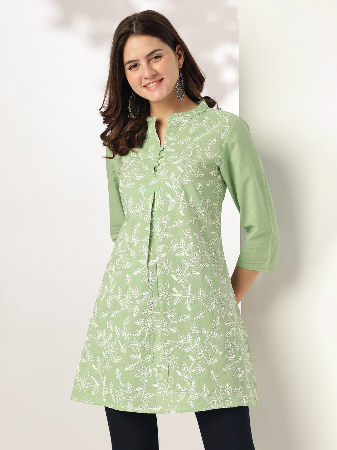 Janasya Light Cotton Embroidered A-Line Tunic | Swadesiicart