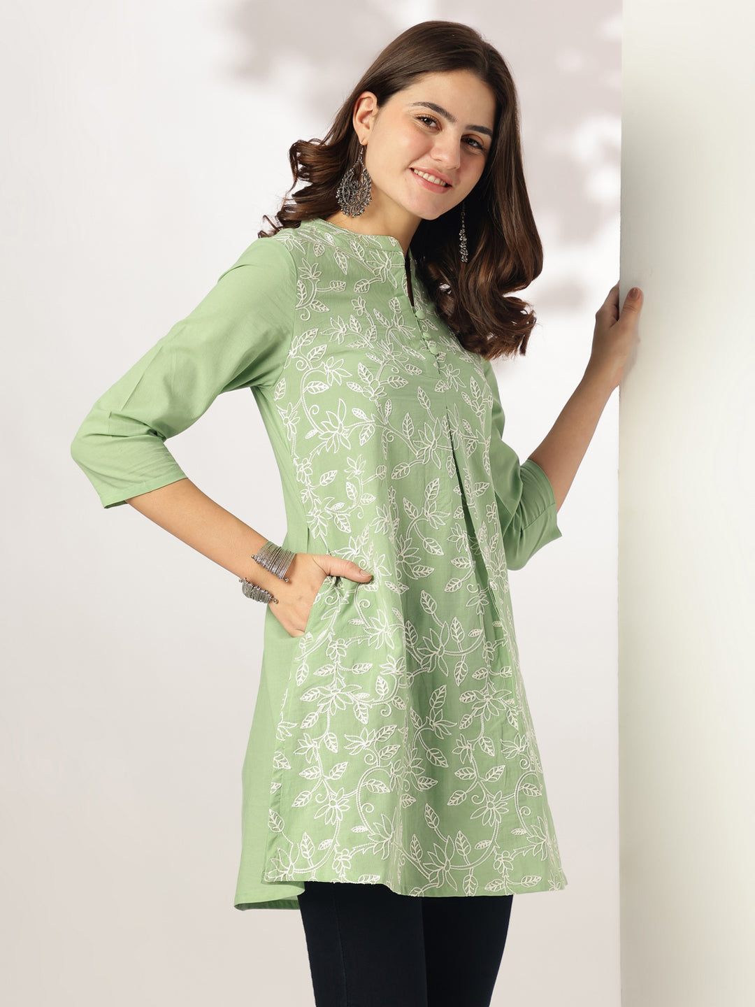 Janasya Light Cotton Embroidered A-Line Tunic | Swadesiicart