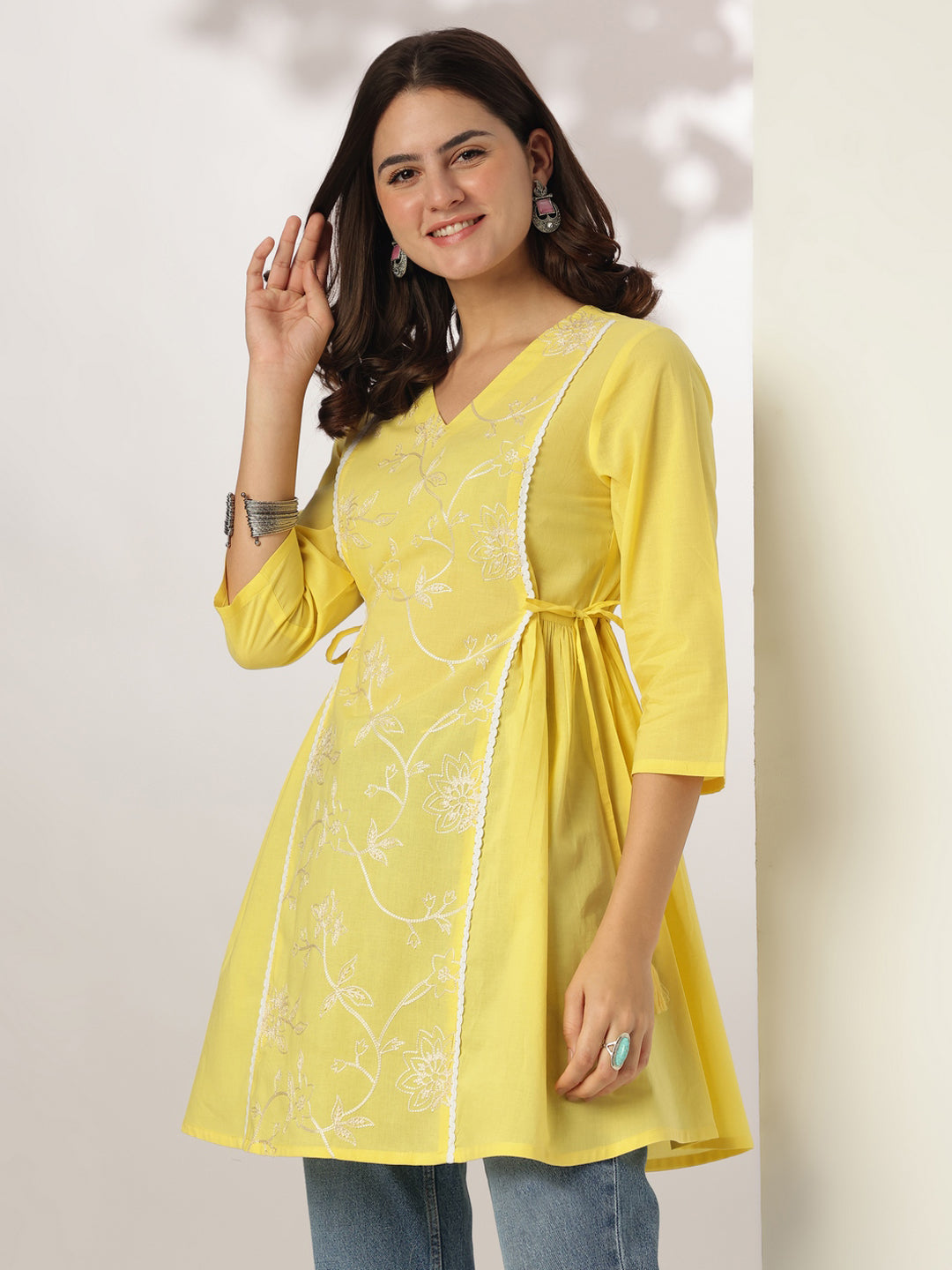 Janasya Bright Cotton Embroidered A-Line Tunic | Swadesiicart
