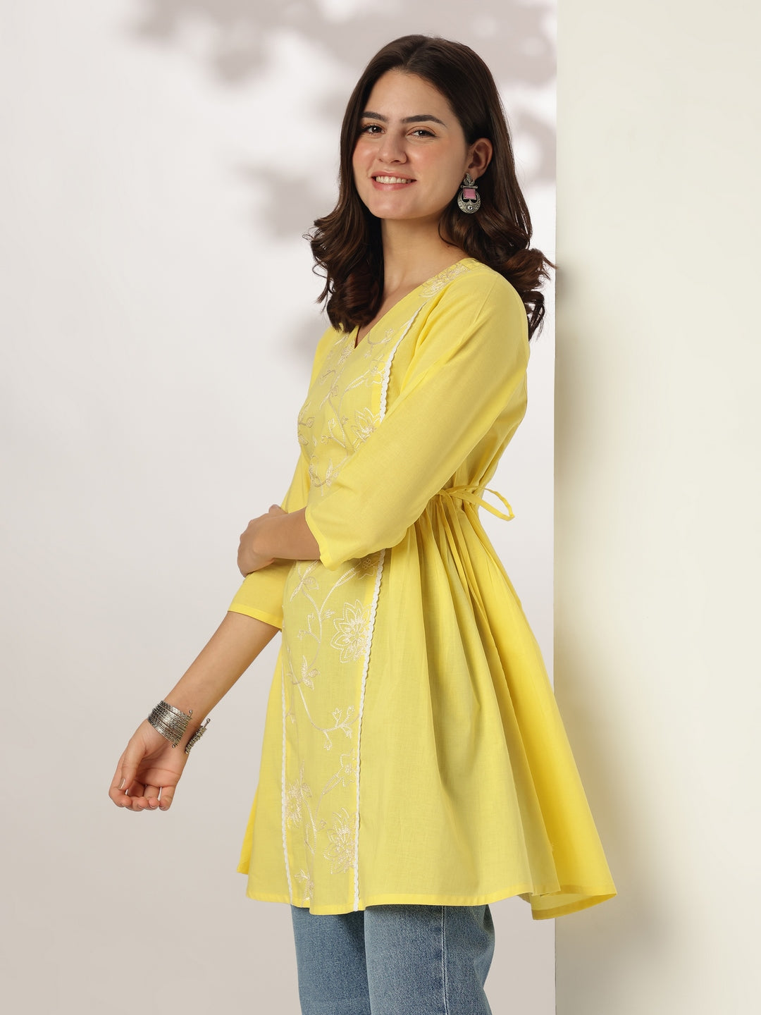 Janasya Bright Cotton Embroidered A-Line Tunic | Swadesiicart
