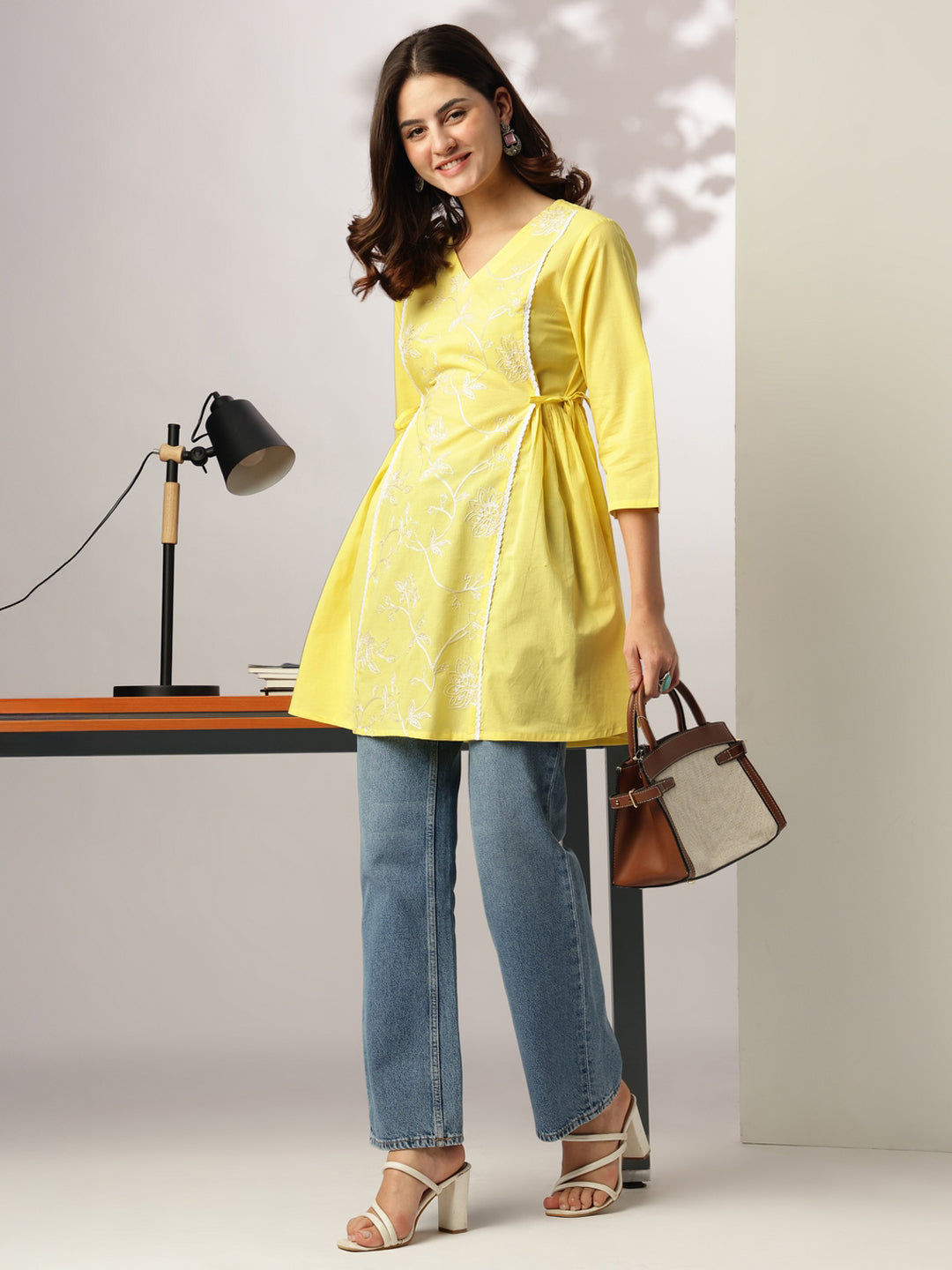 Janasya Bright Cotton Embroidered A-Line Tunic | Swadesiicart