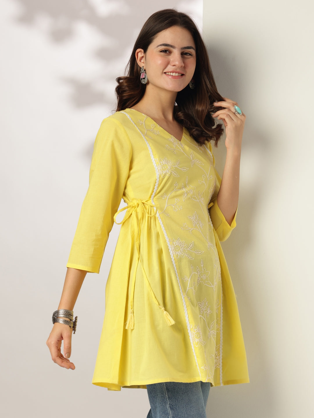 Janasya Bright Cotton Embroidered A-Line Tunic | Swadesiicart
