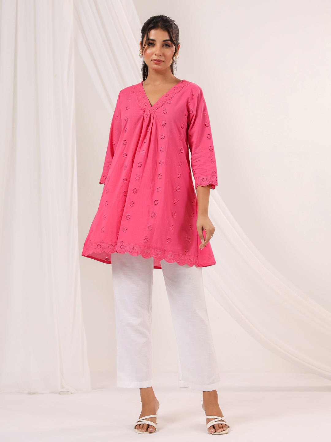 Janasya Bright Cotton Schiffli A-Line Tunic | Swadesiicart