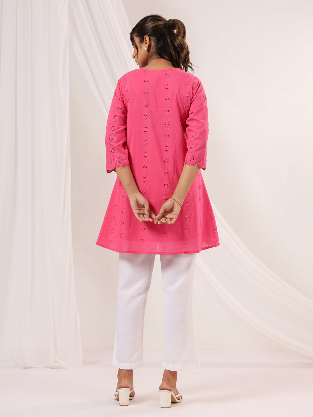 Janasya Bright Cotton Schiffli A-Line Tunic | Swadesiicart