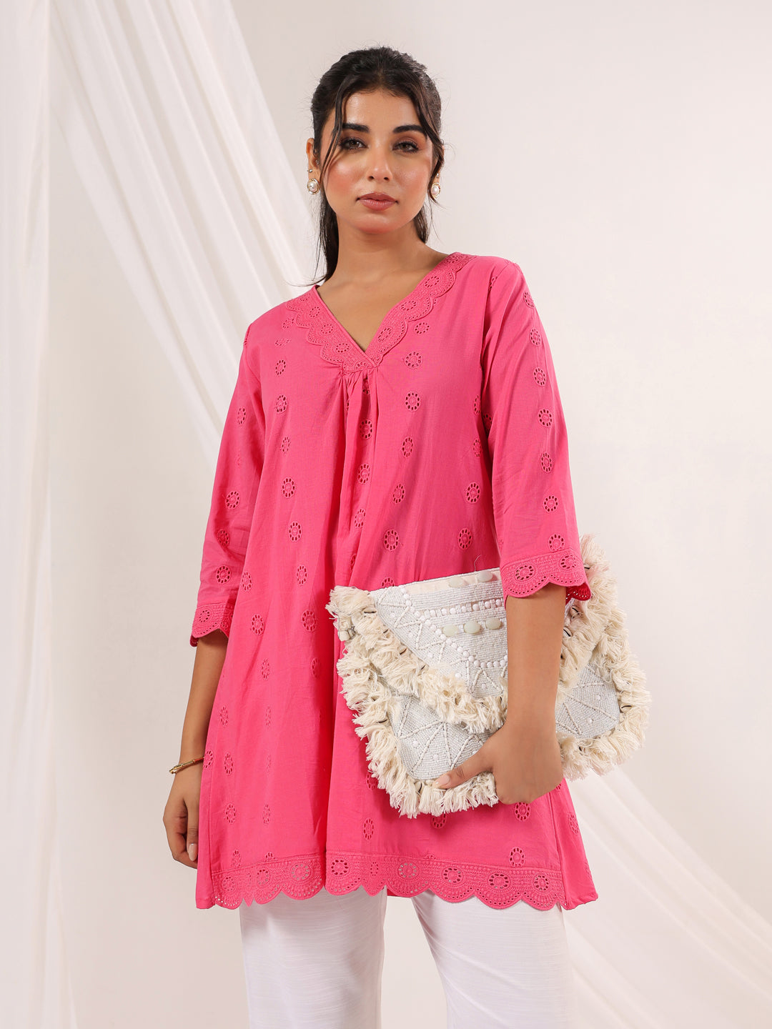 Janasya Bright Cotton Schiffli A-Line Tunic | Swadesiicart