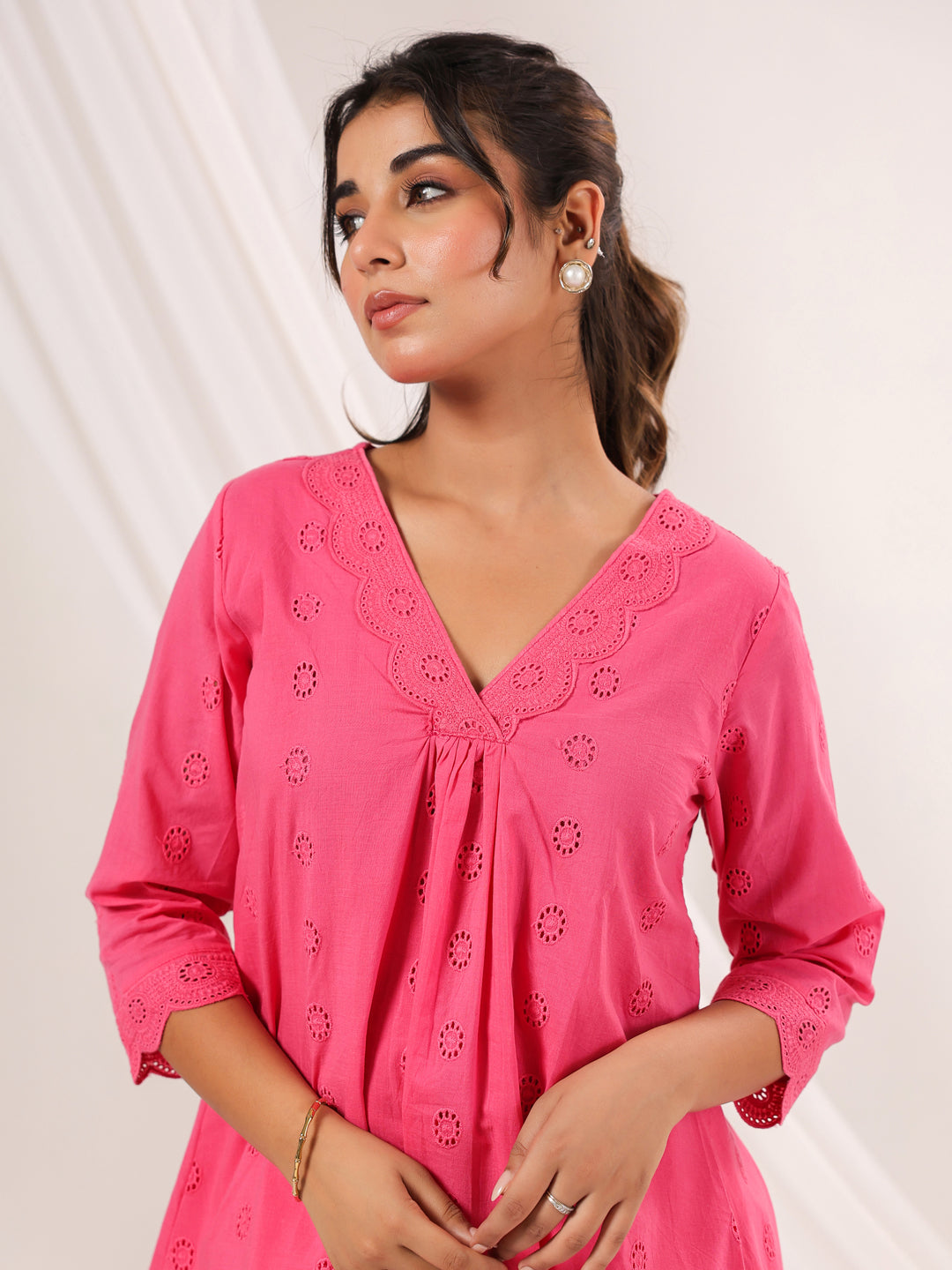 Janasya Bright Cotton Schiffli A-Line Tunic | Swadesiicart