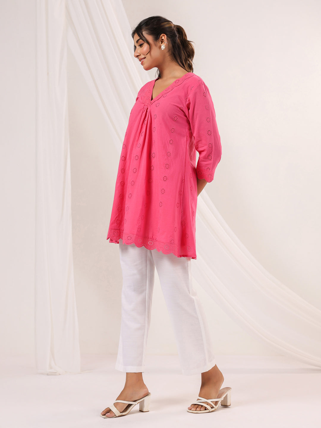 Janasya Bright Cotton Schiffli A-Line Tunic | Swadesiicart