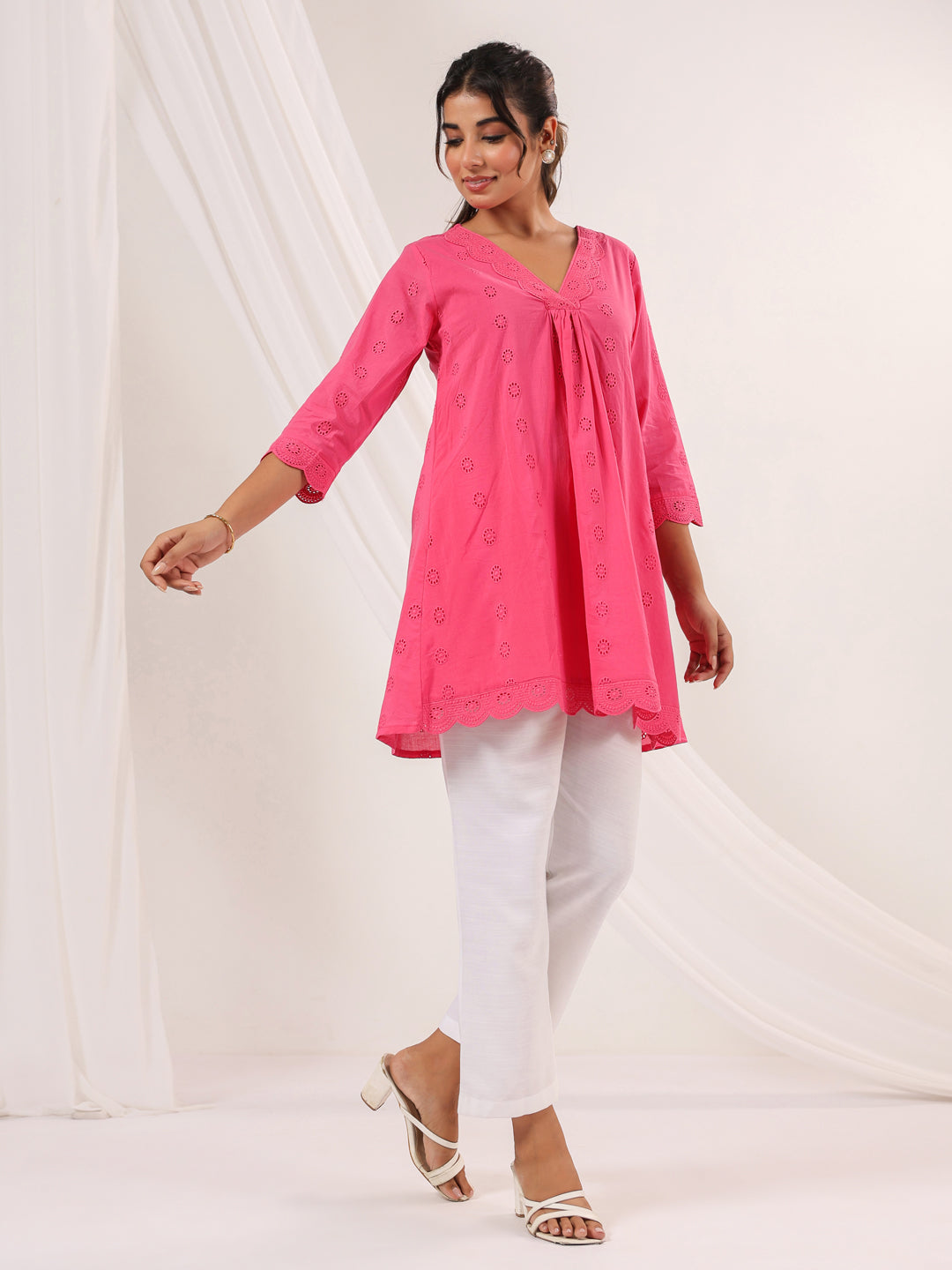 Janasya Bright Cotton Schiffli A-Line Tunic | Swadesiicart