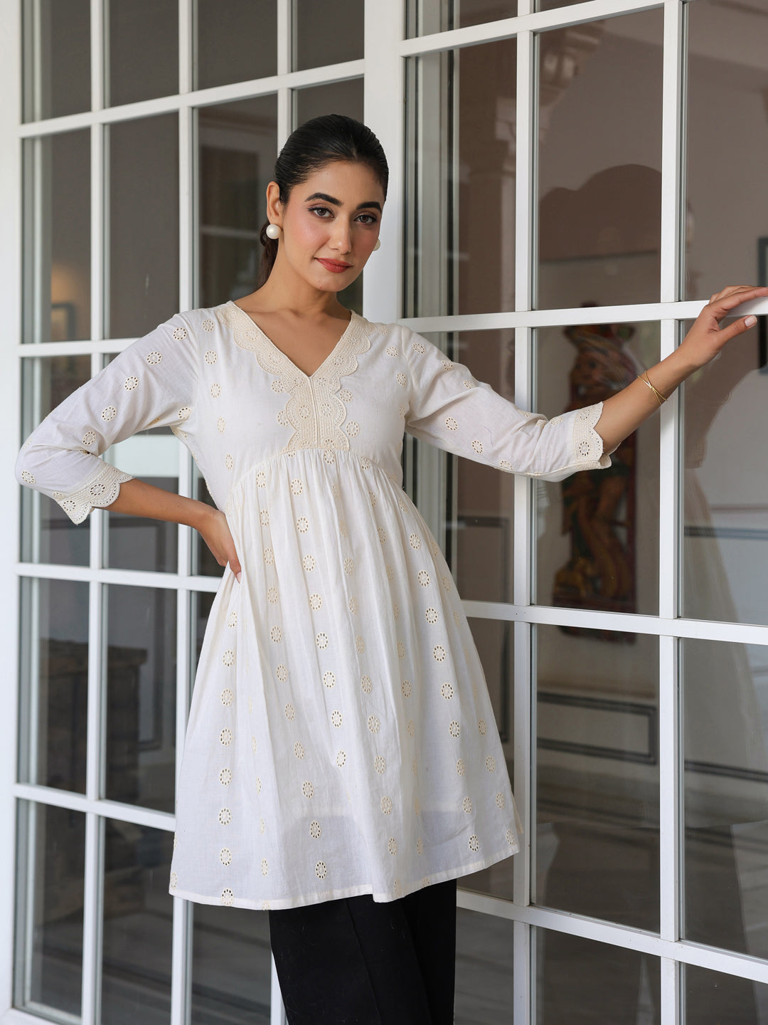 Janasya Light Cotton Schiffli A-Line Tunic | Swadesiicart