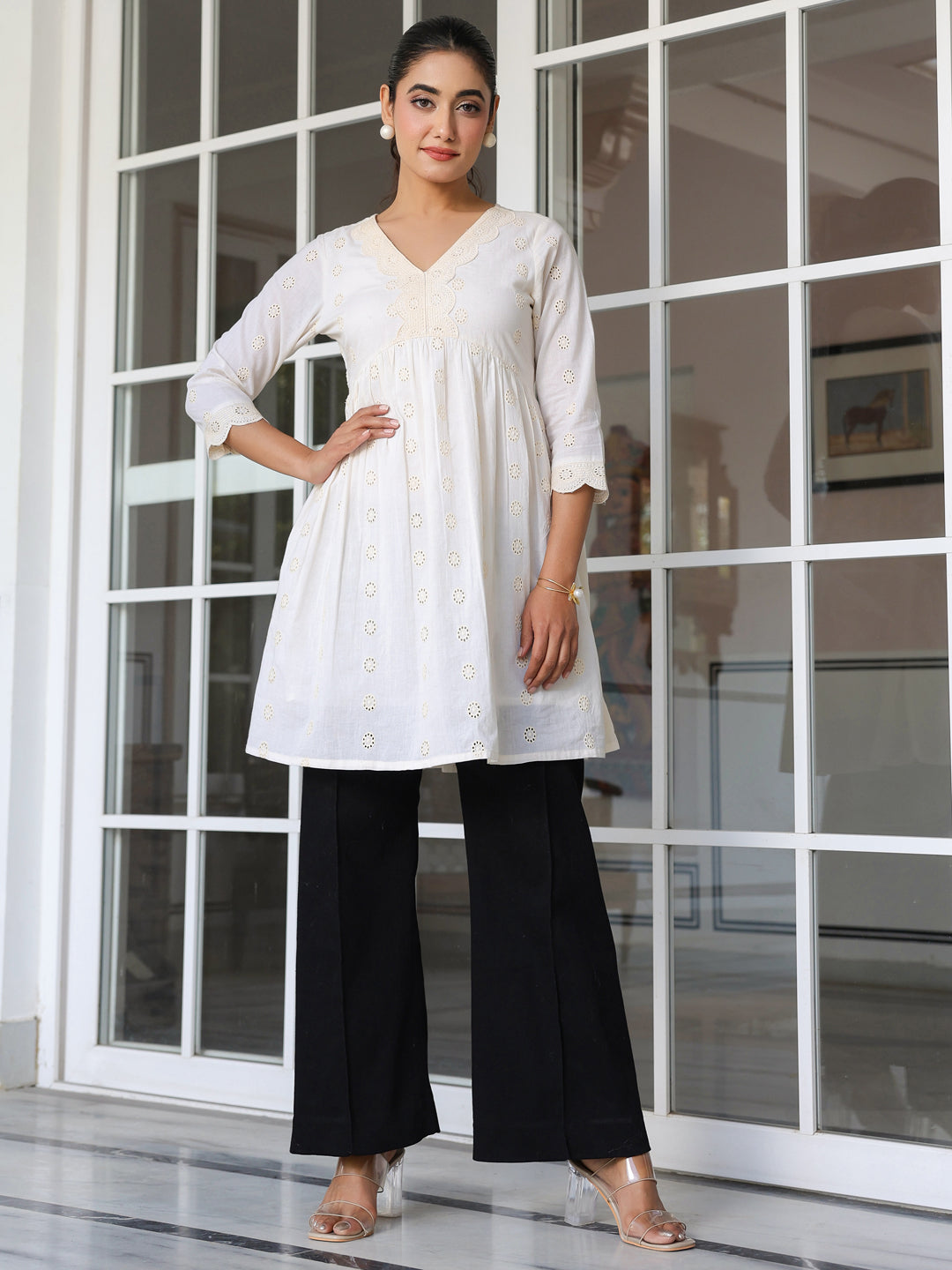 Janasya Light Cotton Schiffli A-Line Tunic | Swadesiicart