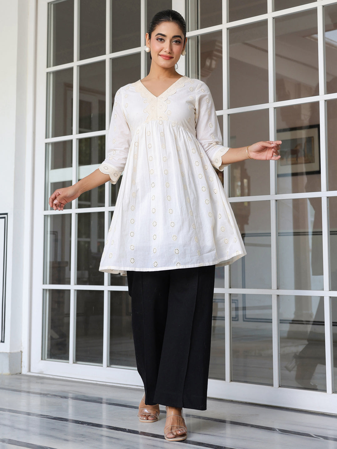 Janasya Light Cotton Schiffli A-Line Tunic | Swadesiicart