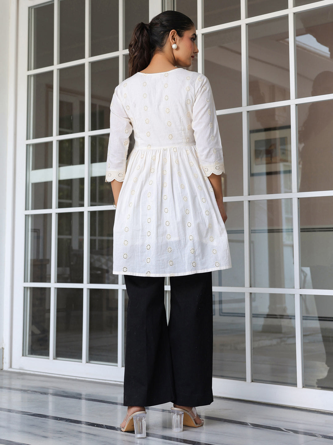 Janasya Light Cotton Schiffli A-Line Tunic | Swadesiicart