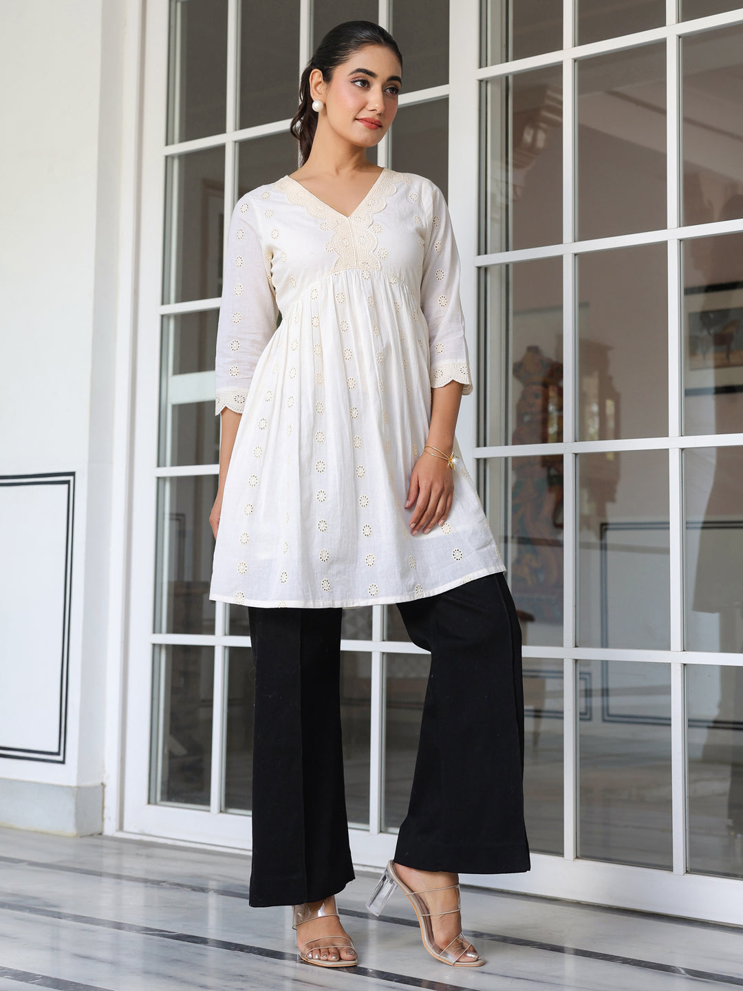 Janasya Light Cotton Schiffli A-Line Tunic | Swadesiicart