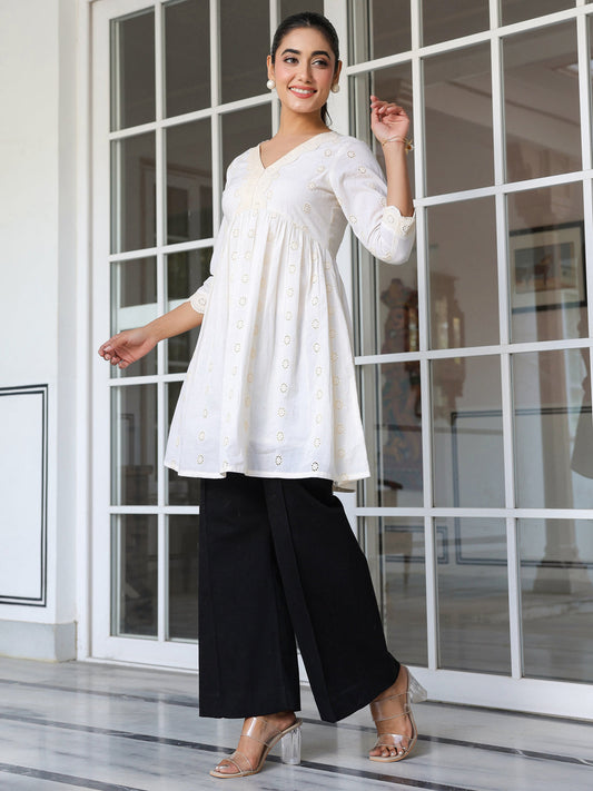Janasya Light Cotton Schiffli A-Line Tunic | Swadesiicart