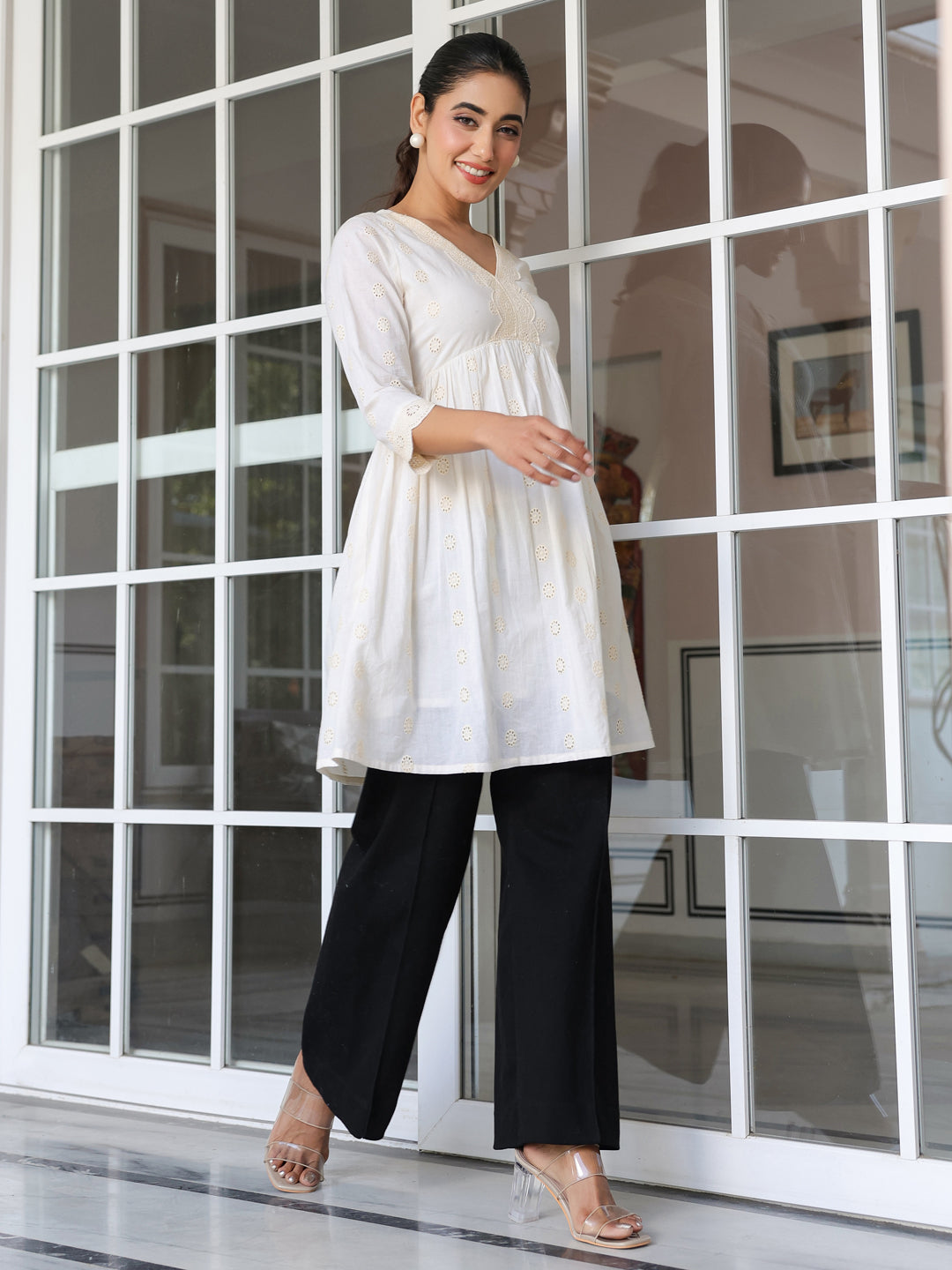 Janasya Light Cotton Schiffli A-Line Tunic | Swadesiicart