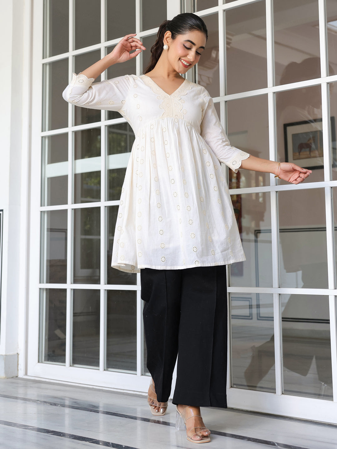 Janasya Light Cotton Schiffli A-Line Tunic | Swadesiicart