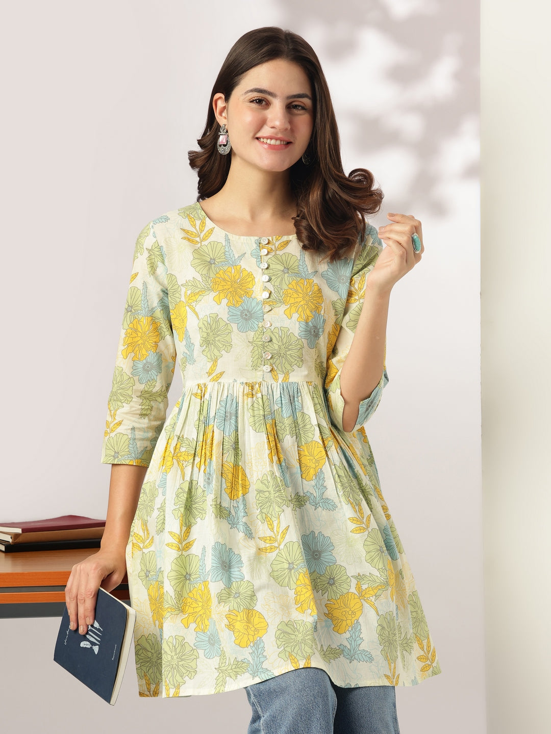 Janasya Light Cotton Floral A-Line Tunic | Swadesiicart
