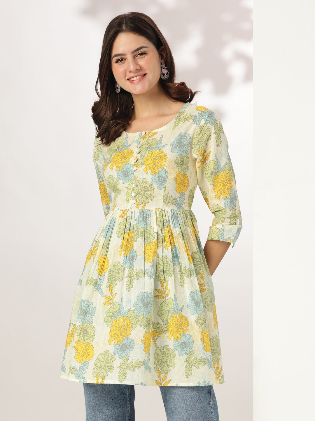 Janasya Light Cotton Floral A-Line Tunic | Swadesiicart
