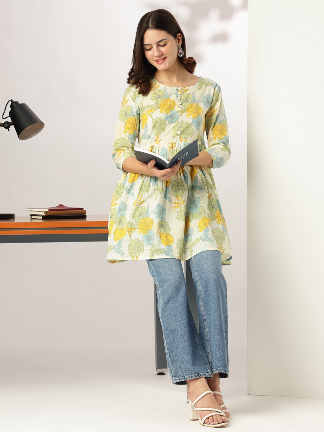 Janasya Light Cotton Floral A-Line Tunic | Swadesiicart