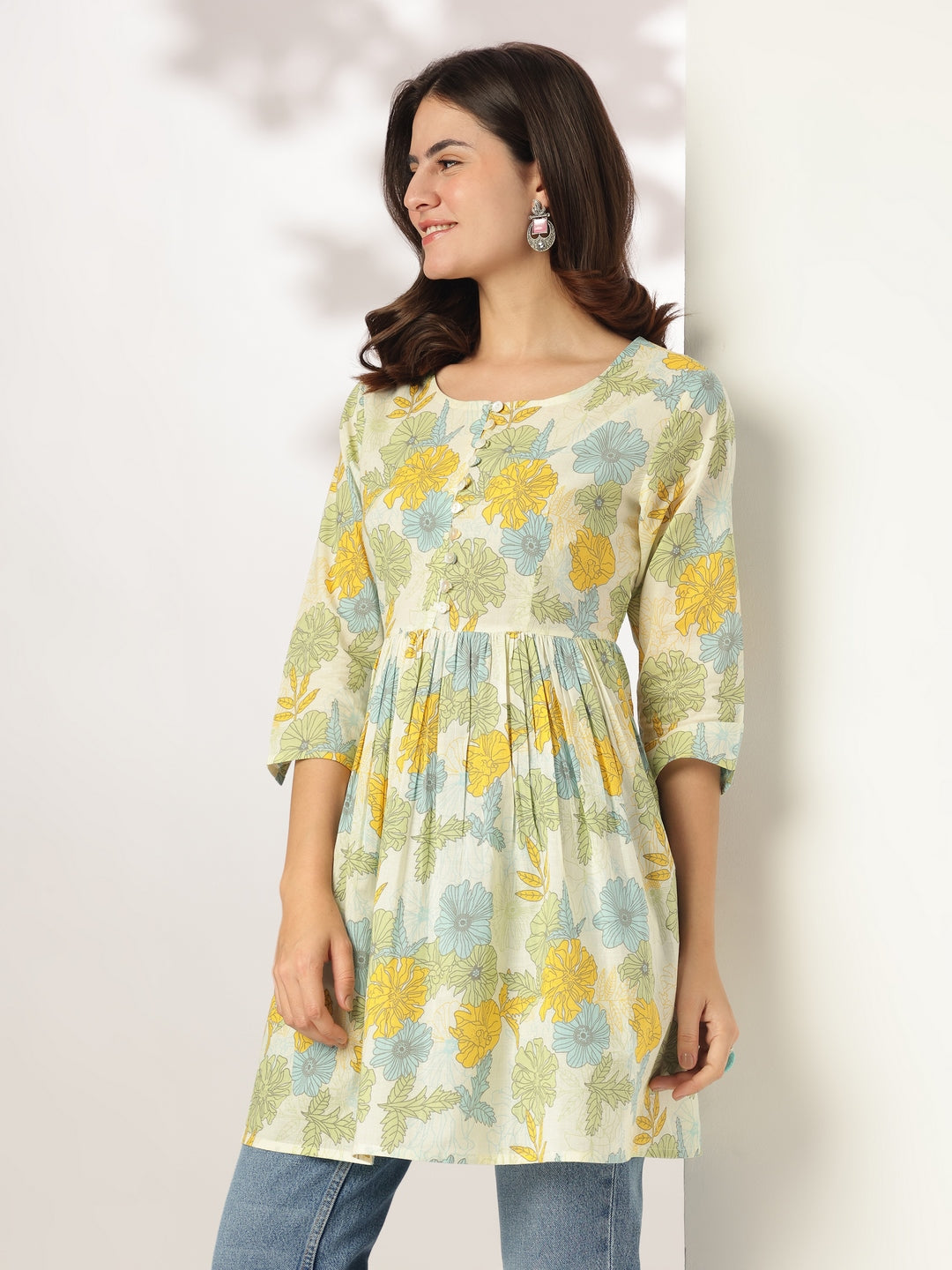 Janasya Light Cotton Floral A-Line Tunic | Swadesiicart