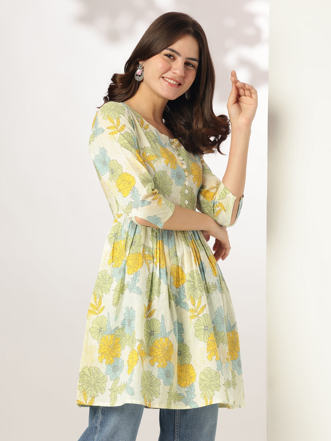 Janasya Light Cotton Floral A-Line Tunic | Swadesiicart