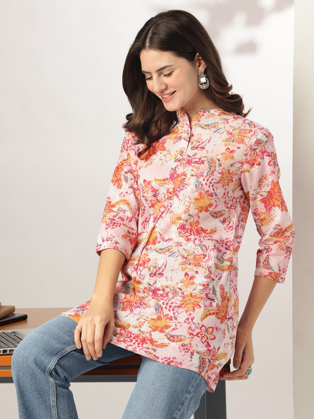 Janasya Light Cotton Floral Straight Tunic | Swadesiicart