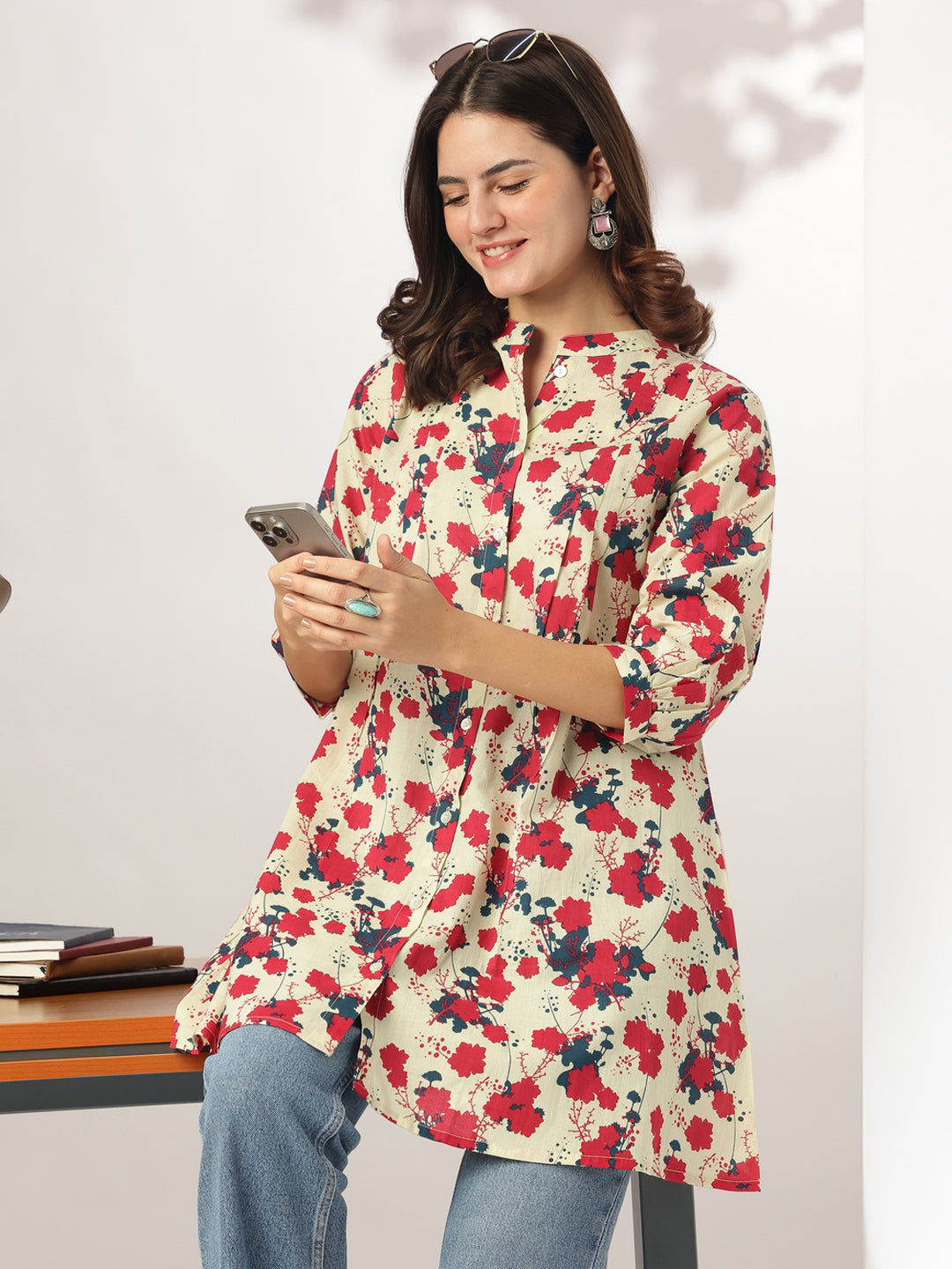 Janasya Light Cotton Floral A-Line Tunic | Swadesiicart
