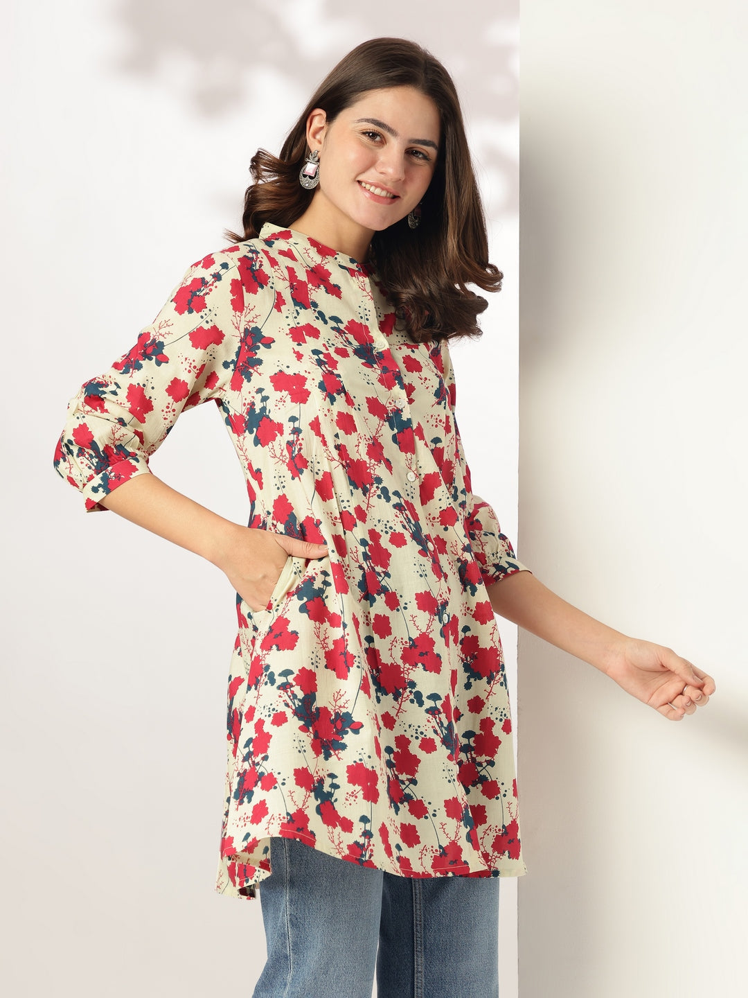 Janasya Light Cotton Floral A-Line Tunic | Swadesiicart