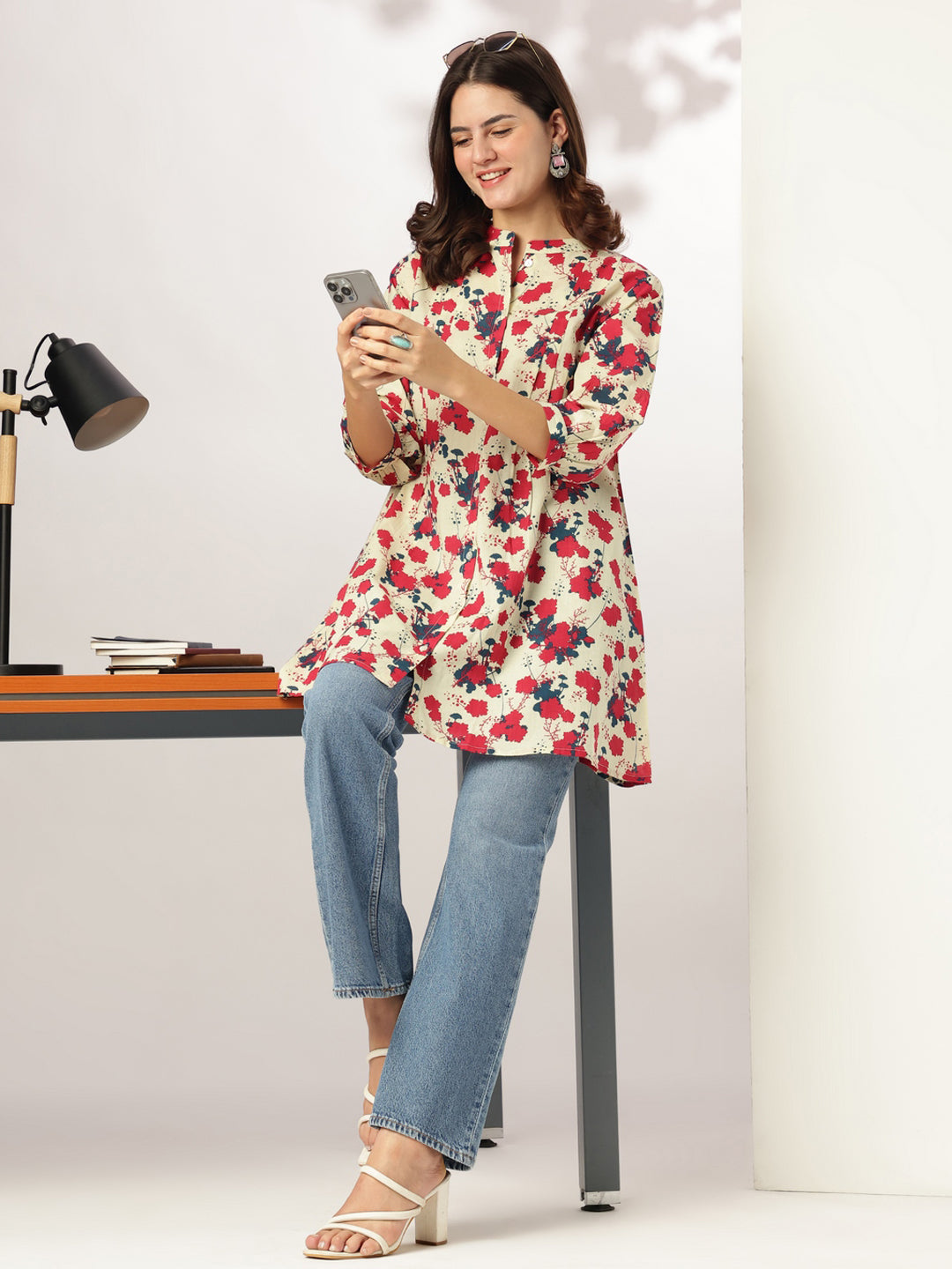 Janasya Light Cotton Floral A-Line Tunic | Swadesiicart
