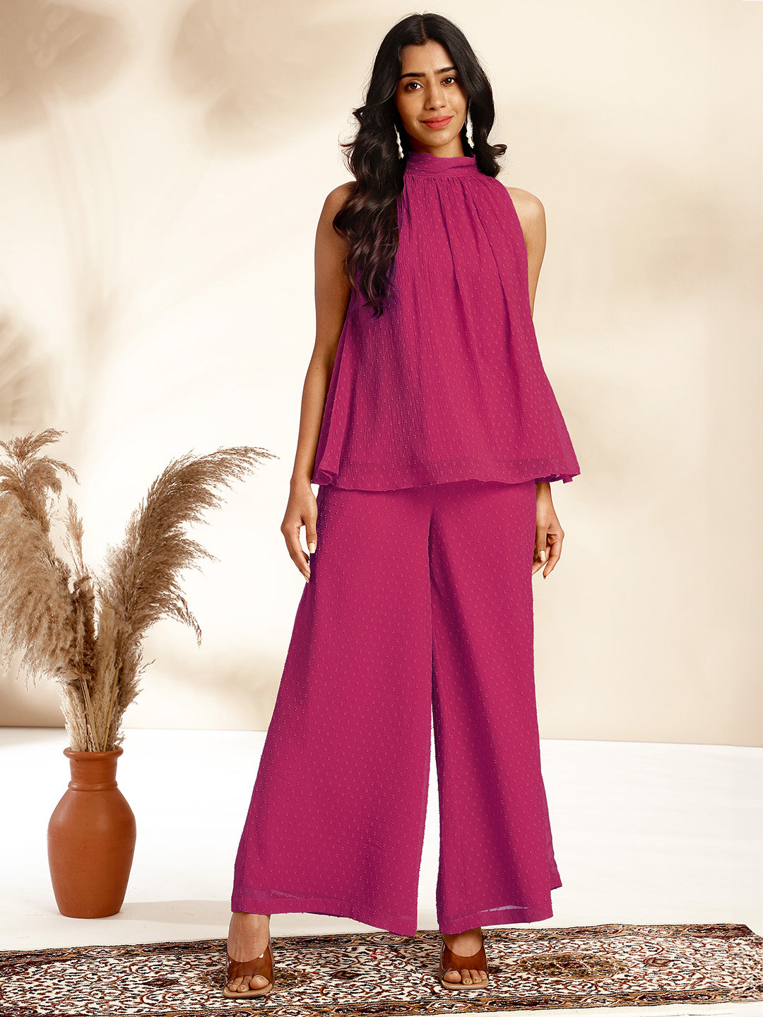 Janasya Bright Dobby Chiffon Self Design Gathered Top & Bottom Set | Swadesiicart