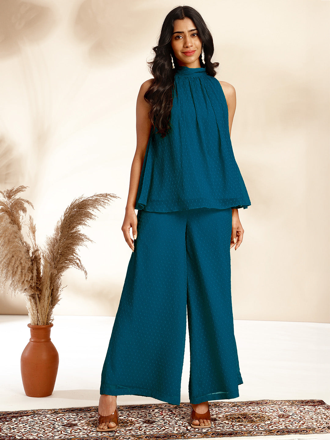 Janasya Dark Chiffon Self Design Gathered Top & Bottom Set | Swadesiicart