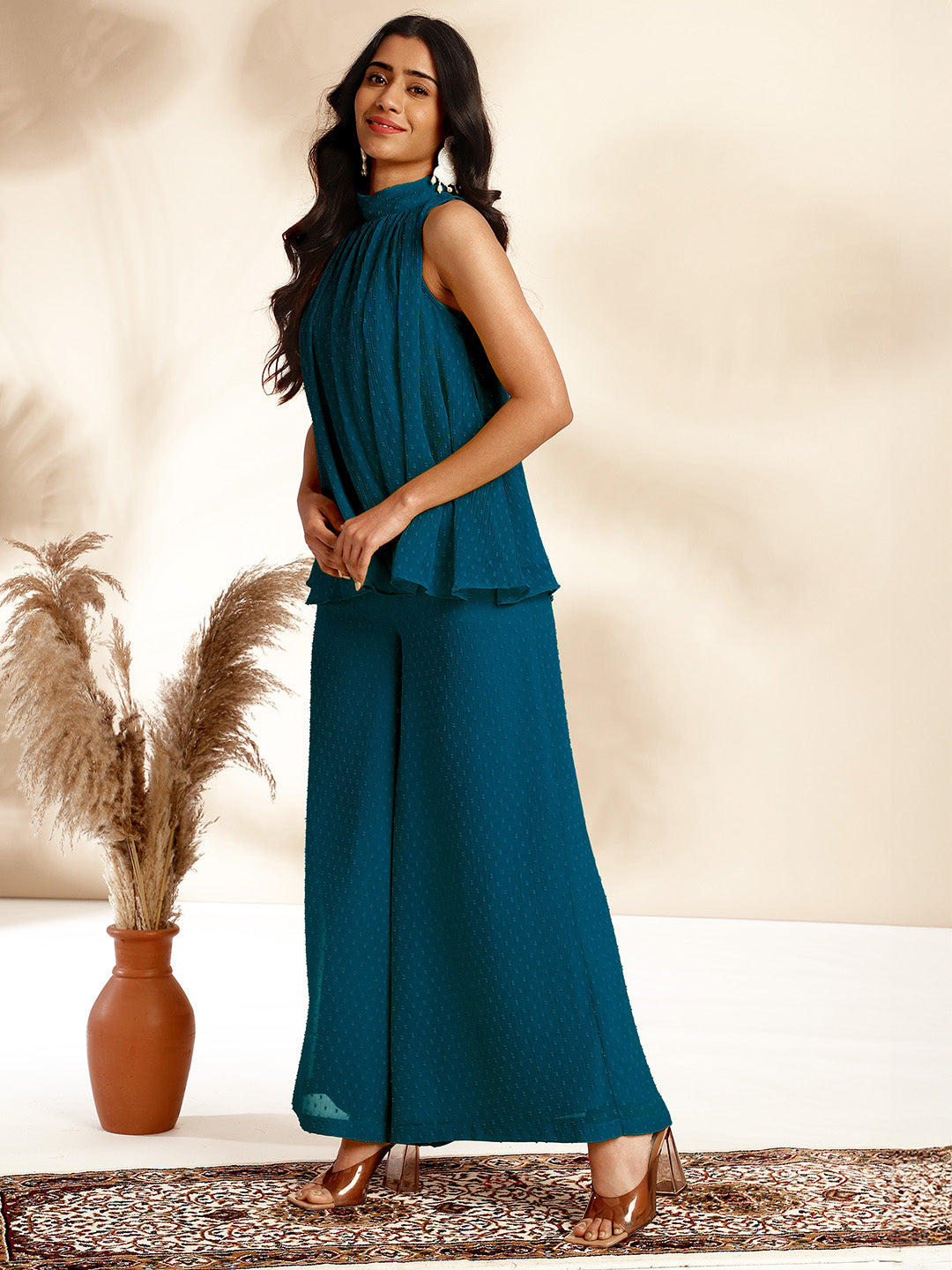 Janasya Dark Chiffon Self Design Gathered Top & Bottom Set | Swadesiicart