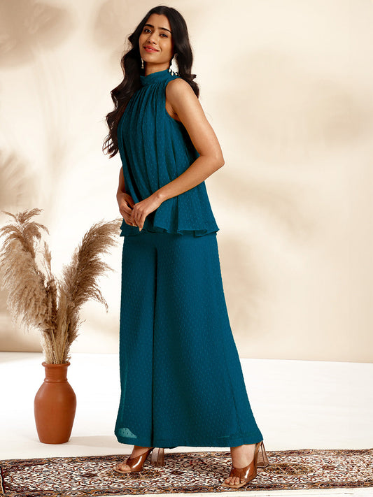Janasya Dark Chiffon Self Design Gathered Top & Bottom Set | Swadesiicart