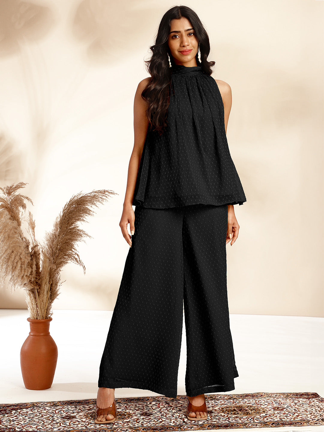 Janasya Black Dobby Chiffon Self Design Co-Ords - Swadesiicart