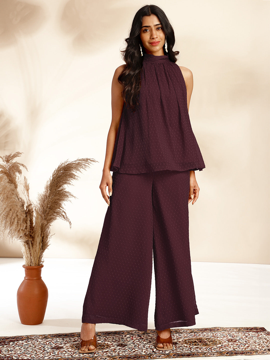 Janasya Dark Chiffon Self Design Gathered Top & Bottom Set | Swadesiicart