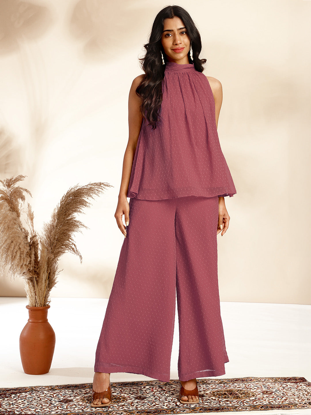 Janasya Coral Dobby Chiffon Self Design Co-Ords - Swadesiicart