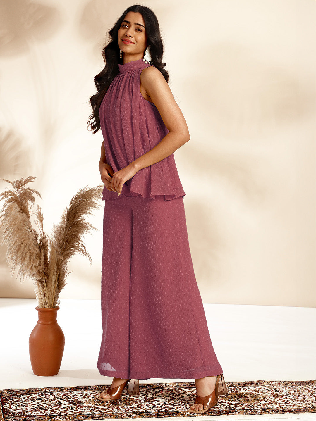 Janasya Coral Dobby Chiffon Self Design Co-Ords - Swadesiicart