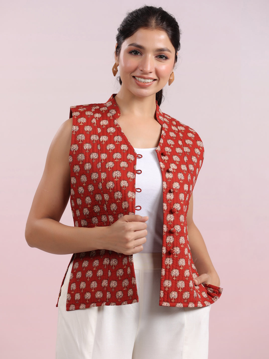 Janasya Straight Cambric Maroon Jacket | Swadesiicart