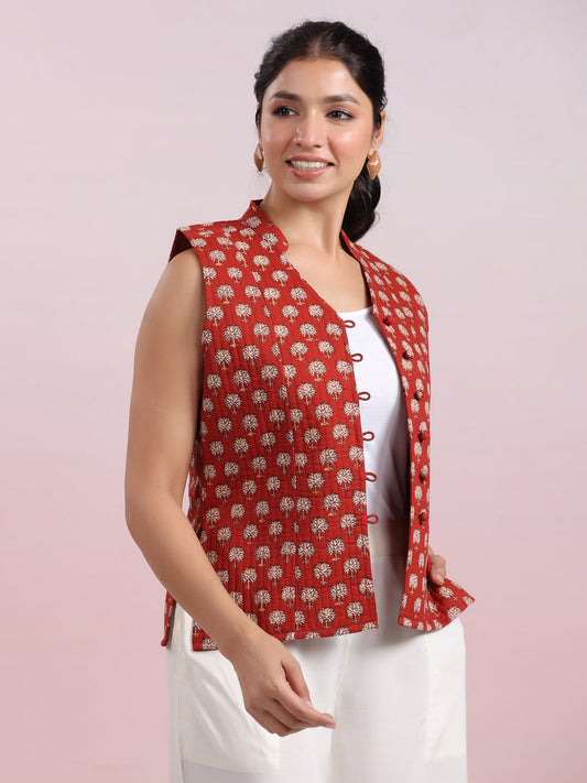Janasya Straight Cambric Maroon Jacket | Swadesiicart