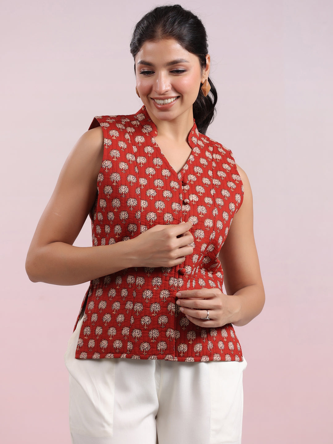 Janasya Straight Cambric Maroon Jacket | Swadesiicart